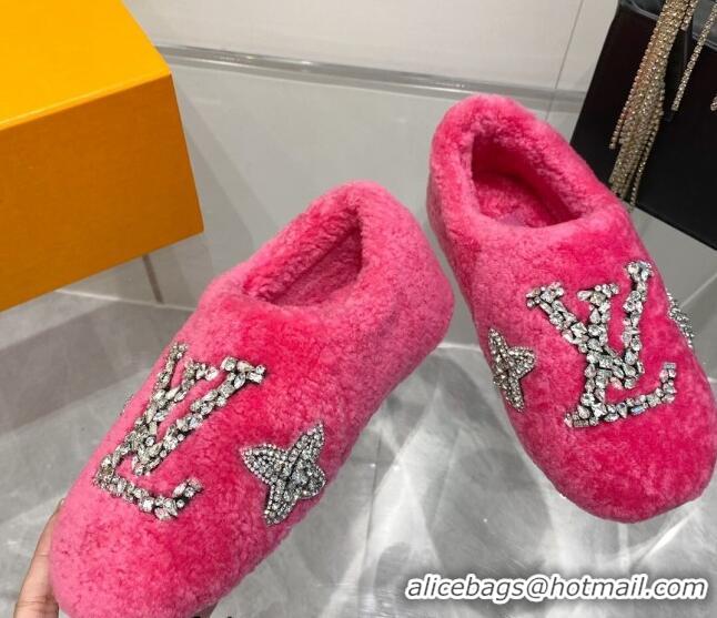 Good Quality Louis Vuitton Shearling Flat Loafers with Crystals Dark Pink 204023