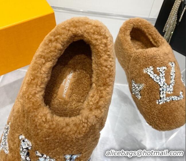 Good Product Louis Vuitton Shearling Flat Loafers with Crystals Brown 204024