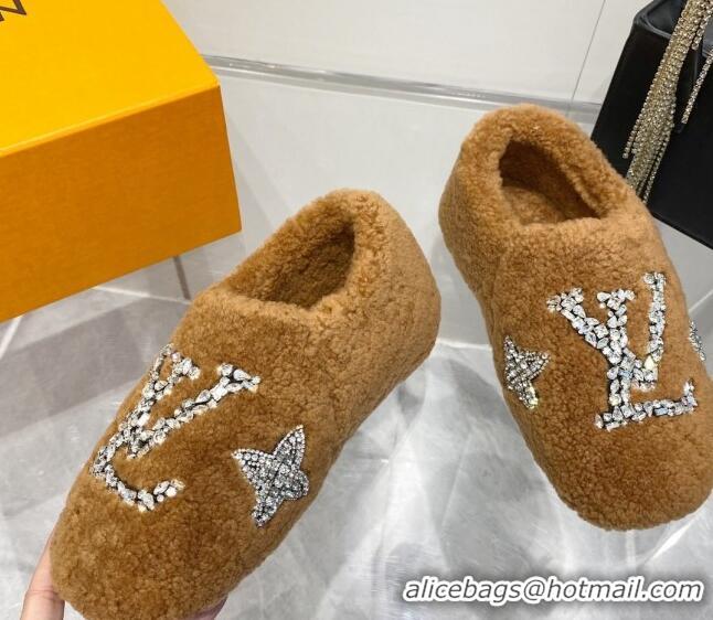 Good Product Louis Vuitton Shearling Flat Loafers with Crystals Brown 204024