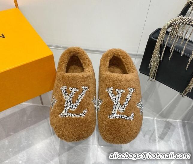 Good Product Louis Vuitton Shearling Flat Loafers with Crystals Brown 204024