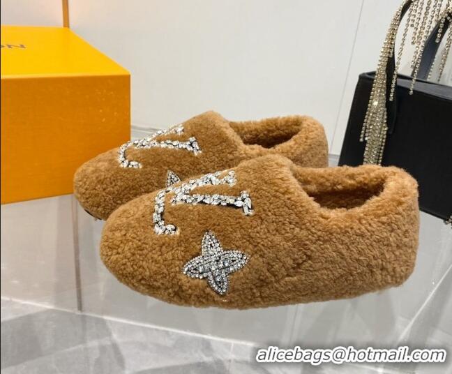 Good Product Louis Vuitton Shearling Flat Loafers with Crystals Brown 204024