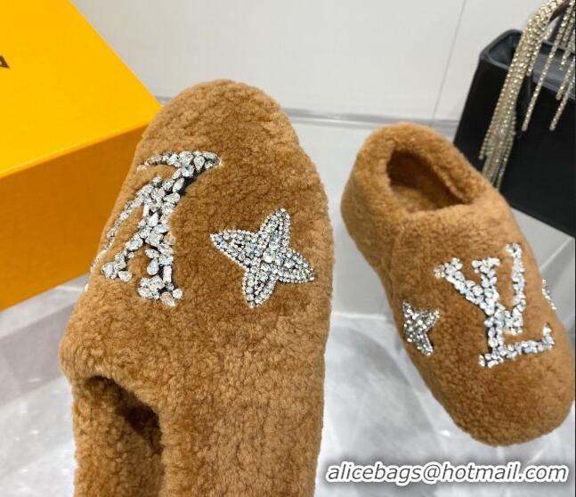 Good Product Louis Vuitton Shearling Flat Loafers with Crystals Brown 204024