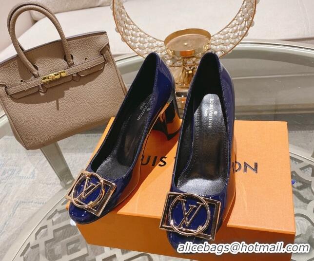 Top Grade Louis Vuitton Madeleine Pumps 8cm in Patent Leather with LV Circle Blue 204025