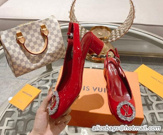 Duplicate Louis Vuitton Madeleine Slingback Pumps 4.5cm in Patent Leather with LV Crystals Red 1204038