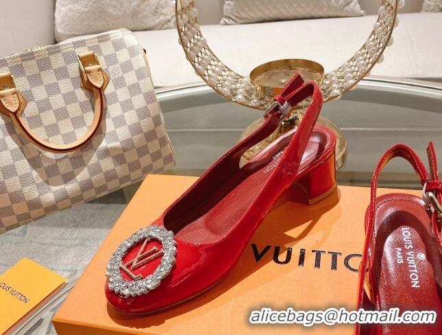 Duplicate Louis Vuitton Madeleine Slingback Pumps 4.5cm in Patent Leather with LV Crystals Red 1204038