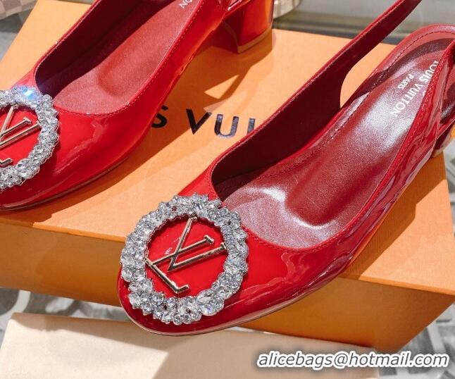 Duplicate Louis Vuitton Madeleine Slingback Pumps 4.5cm in Patent Leather with LV Crystals Red 1204038