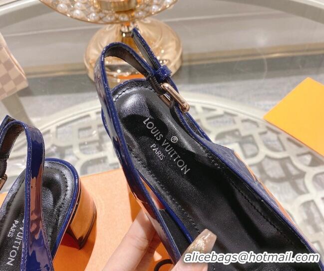 Good Quality Louis Vuitton Madeleine Slingback Pumps 4.5cm in Patent Leather with LV Crystals Blue 204041