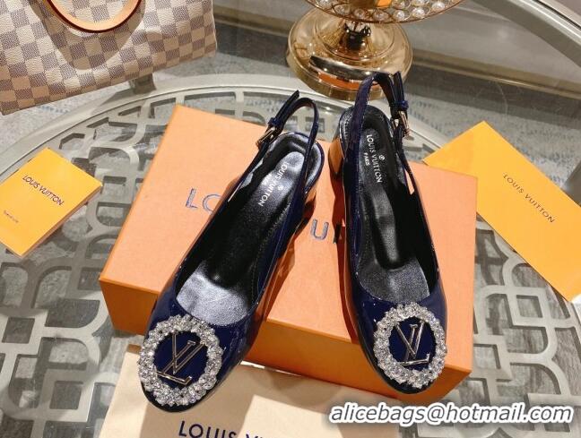 Good Quality Louis Vuitton Madeleine Slingback Pumps 4.5cm in Patent Leather with LV Crystals Blue 204041