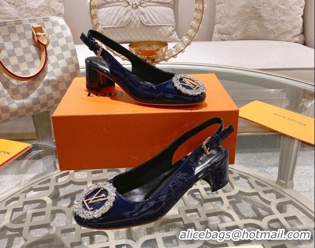 Good Quality Louis Vuitton Madeleine Slingback Pumps 4.5cm in Patent Leather with LV Crystals Blue 204041