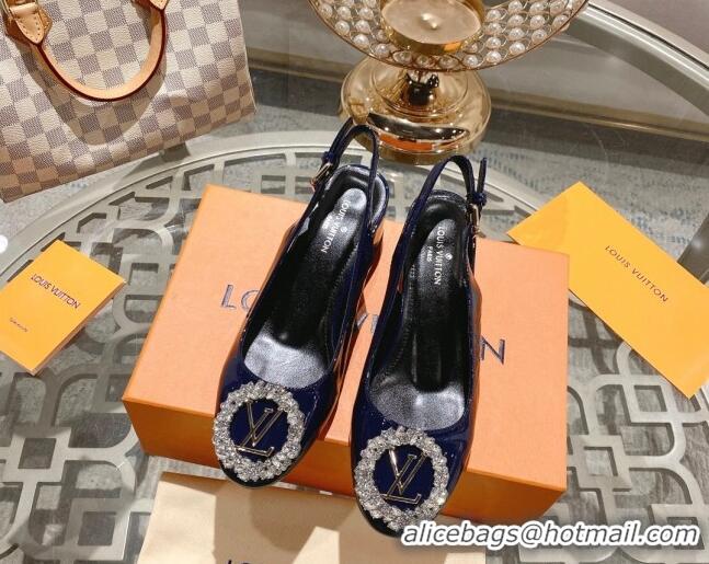 Good Quality Louis Vuitton Madeleine Slingback Pumps 4.5cm in Patent Leather with LV Crystals Blue 204041