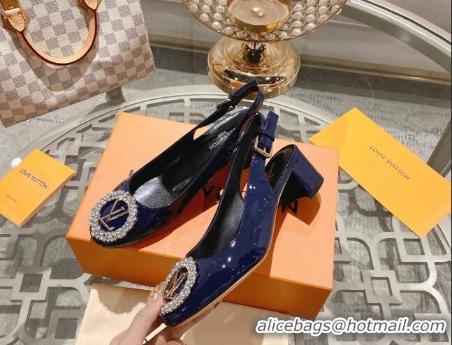 Good Quality Louis Vuitton Madeleine Slingback Pumps 4.5cm in Patent Leather with LV Crystals Blue 204041