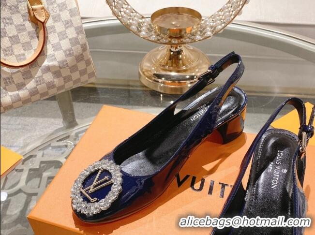 Good Quality Louis Vuitton Madeleine Slingback Pumps 4.5cm in Patent Leather with LV Crystals Blue 204041