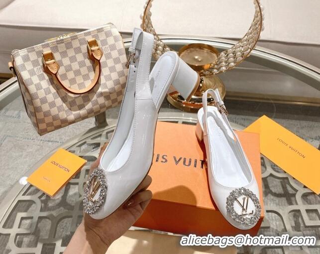 Stylish Louis Vuitton Madeleine Slingback Pumps 4.5cm in Patent Leather with LV Crystals White 204042