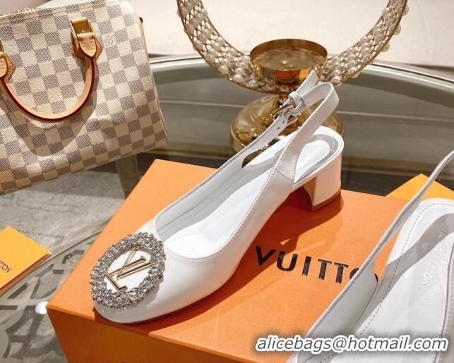 Stylish Louis Vuitton Madeleine Slingback Pumps 4.5cm in Patent Leather with LV Crystals White 204042