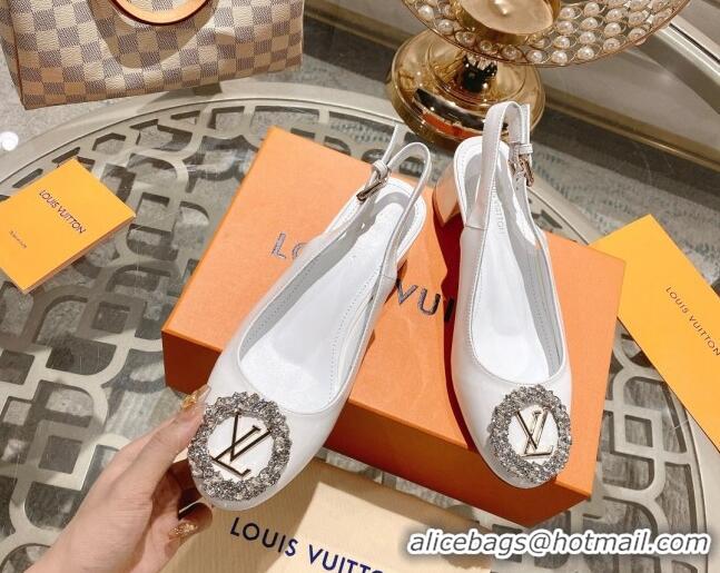 Stylish Louis Vuitton Madeleine Slingback Pumps 4.5cm in Patent Leather with LV Crystals White 204042