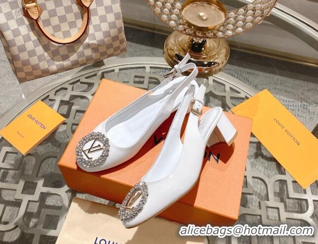 Stylish Louis Vuitton Madeleine Slingback Pumps 4.5cm in Patent Leather with LV Crystals White 204042