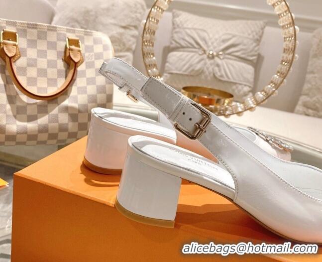 Stylish Louis Vuitton Madeleine Slingback Pumps 4.5cm in Patent Leather with LV Crystals White 204042