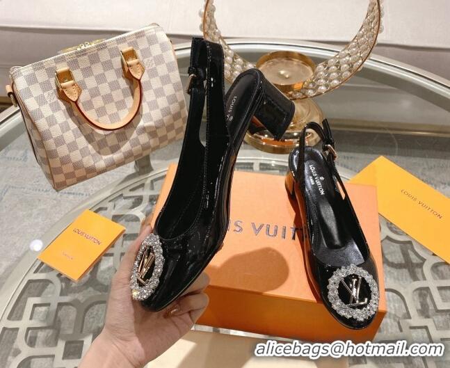 Top Design Louis Vuitton Madeleine Slingback Pumps 4.5cm in Patent Leather with LV Crystals Black 204043