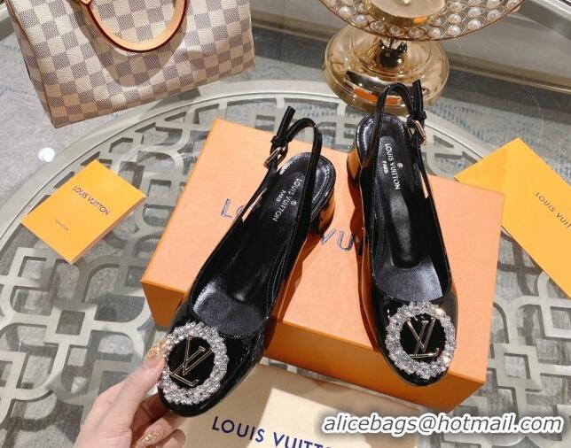 Top Design Louis Vuitton Madeleine Slingback Pumps 4.5cm in Patent Leather with LV Crystals Black 204043