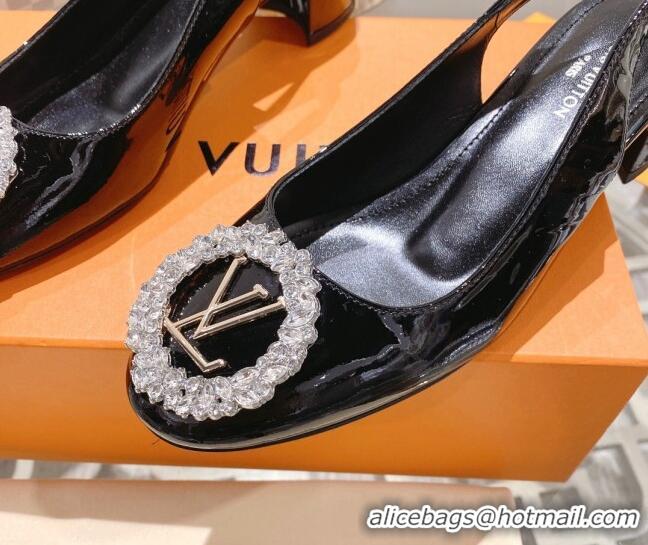 Top Design Louis Vuitton Madeleine Slingback Pumps 4.5cm in Patent Leather with LV Crystals Black 204043