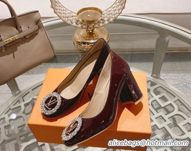 Luxury Cheap Louis Vuitton Madeleine Pumps 8cm in Patent Leather with LV Crystals Burgundy 204044