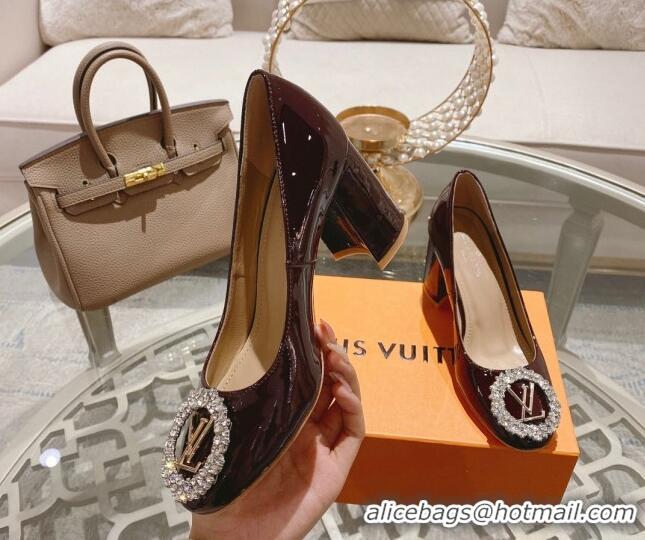 Luxury Cheap Louis Vuitton Madeleine Pumps 8cm in Patent Leather with LV Crystals Burgundy 204044