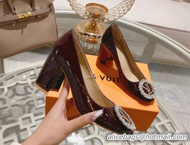 Luxury Cheap Louis Vuitton Madeleine Pumps 8cm in Patent Leather with LV Crystals Burgundy 204044