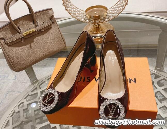 Luxury Cheap Louis Vuitton Madeleine Pumps 8cm in Patent Leather with LV Crystals Burgundy 204044