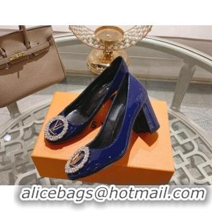 Sumptuous Louis Vuitton Madeleine Pumps 8cm in Patent Leather with LV Crystals Blue 204047