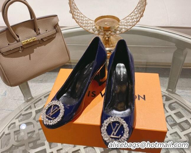 Sumptuous Louis Vuitton Madeleine Pumps 8cm in Patent Leather with LV Crystals Blue 204047