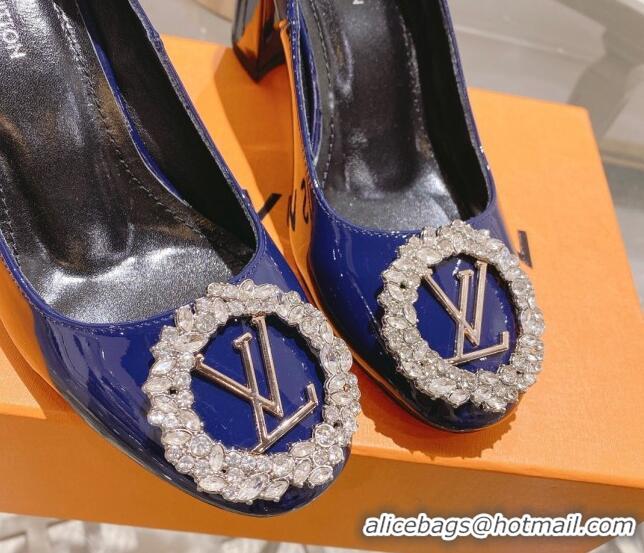 Sumptuous Louis Vuitton Madeleine Pumps 8cm in Patent Leather with LV Crystals Blue 204047