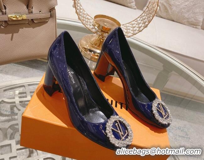 Sumptuous Louis Vuitton Madeleine Pumps 8cm in Patent Leather with LV Crystals Blue 204047