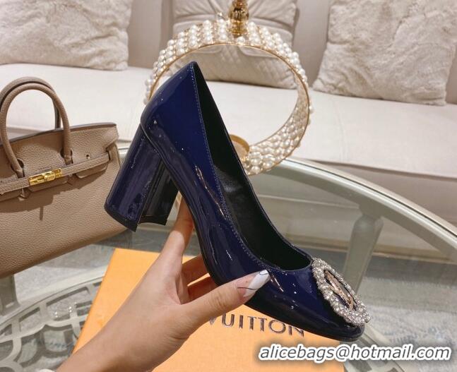 Sumptuous Louis Vuitton Madeleine Pumps 8cm in Patent Leather with LV Crystals Blue 204047