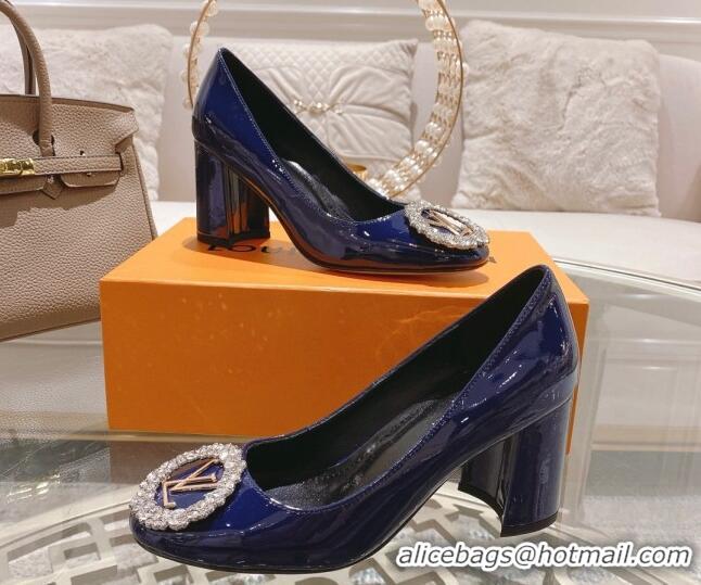 Sumptuous Louis Vuitton Madeleine Pumps 8cm in Patent Leather with LV Crystals Blue 204047