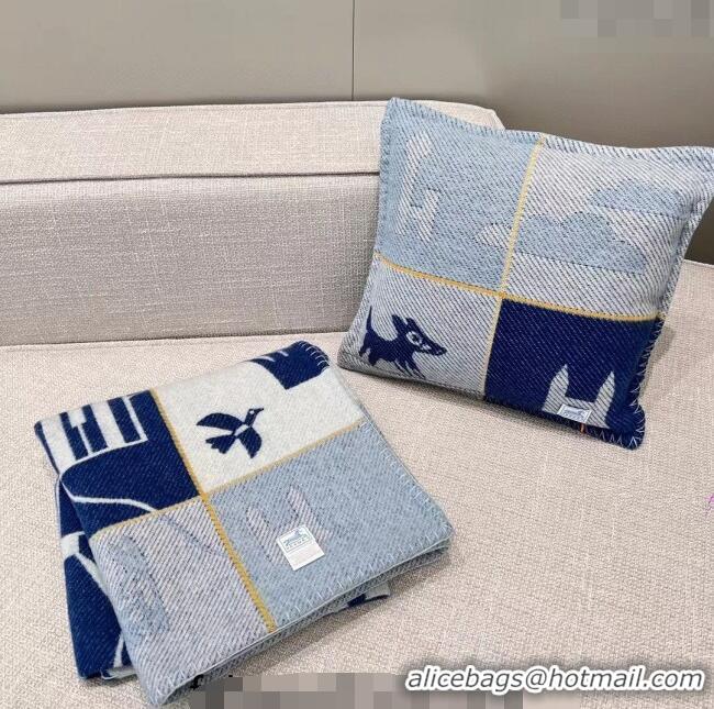 Reasonable Price Hermes Avalon Cashmere and Wool Blanket and Pillow H1067 Blue 2023