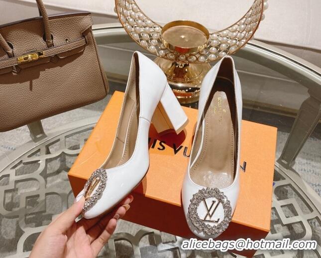 Cheap Price Louis Vuitton Madeleine Pumps 8cm in Patent Leather with LV Crystals White 204049