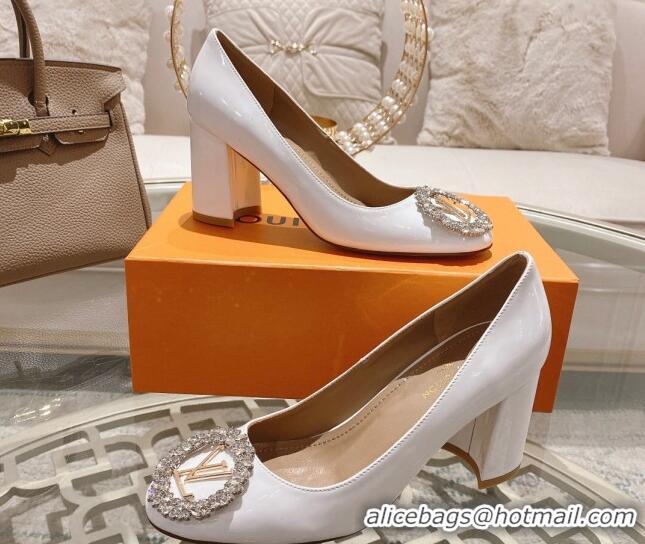 Cheap Price Louis Vuitton Madeleine Pumps 8cm in Patent Leather with LV Crystals White 204049