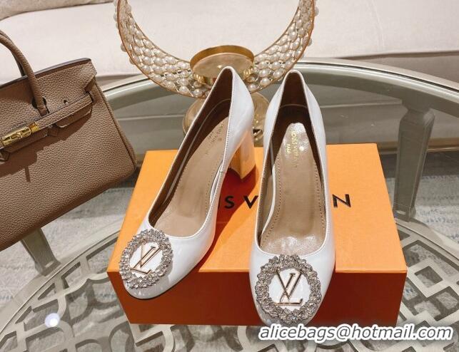 Cheap Price Louis Vuitton Madeleine Pumps 8cm in Patent Leather with LV Crystals White 204049