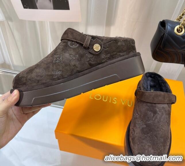 Purchase Louis Vuitton Aspen Platform Clog Mules in Monogram Suede and Shearling Taupe Grey 204060