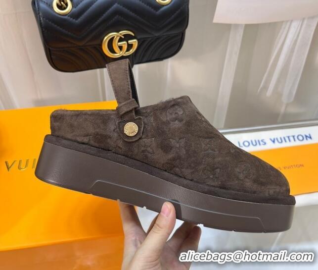 Purchase Louis Vuitton Aspen Platform Clog Mules in Monogram Suede and Shearling Taupe Grey 204060