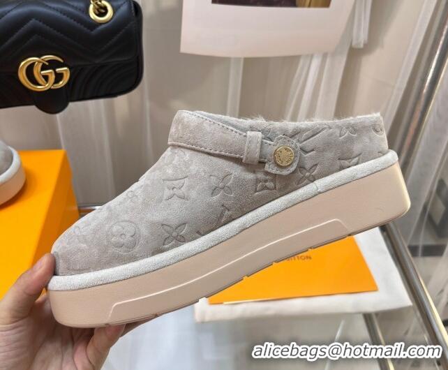 Discount Louis Vuitton Aspen Platform Clog Mules in Monogram Suede and Shearling Light Grey 1ACHW3