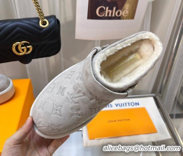 Discount Louis Vuitton Aspen Platform Clog Mules in Monogram Suede and Shearling Light Grey 1ACHW3