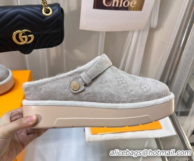 Discount Louis Vuitton Aspen Platform Clog Mules in Monogram Suede and Shearling Light Grey 1ACHW3