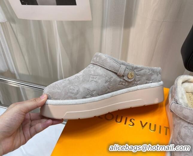 Discount Louis Vuitton Aspen Platform Clog Mules in Monogram Suede and Shearling Light Grey 1ACHW3