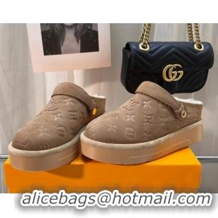 AAAAA Louis Vuitton Aspen Platform Clog Mules in Monogram Suede and Shearling Light Brown 204062