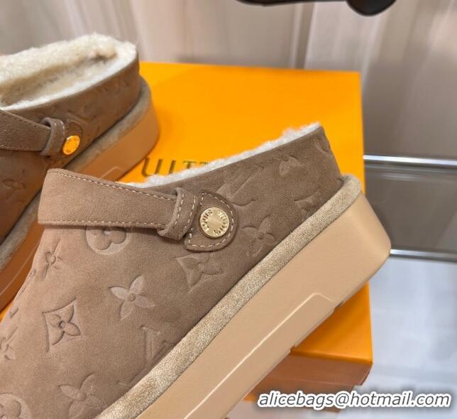 AAAAA Louis Vuitton Aspen Platform Clog Mules in Monogram Suede and Shearling Light Brown 204062