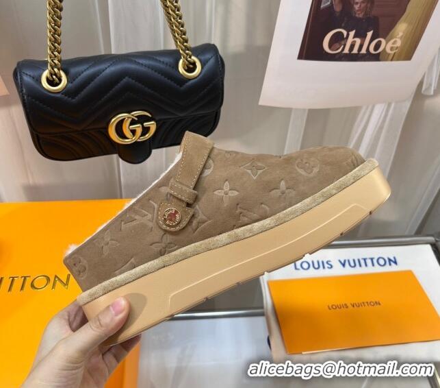 AAAAA Louis Vuitton Aspen Platform Clog Mules in Monogram Suede and Shearling Light Brown 204062