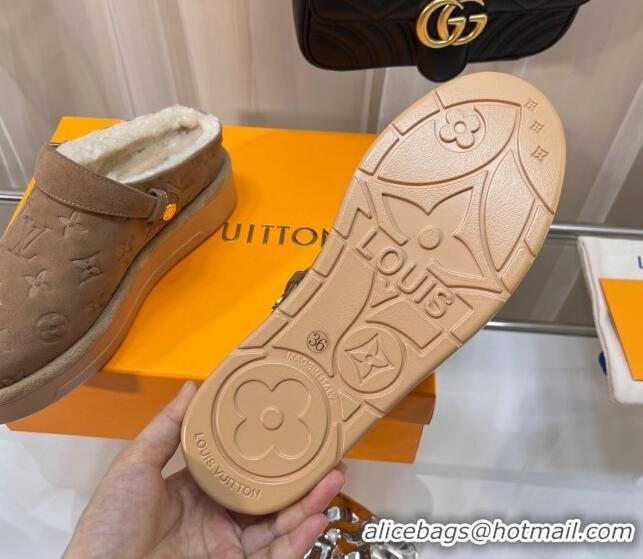 AAAAA Louis Vuitton Aspen Platform Clog Mules in Monogram Suede and Shearling Light Brown 204062