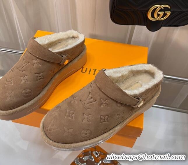 AAAAA Louis Vuitton Aspen Platform Clog Mules in Monogram Suede and Shearling Light Brown 204062