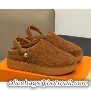 Sophisticated Louis Vuitton Aspen Platform Clog Mules in Monogram Suede and Shearling Dark Brown 204063